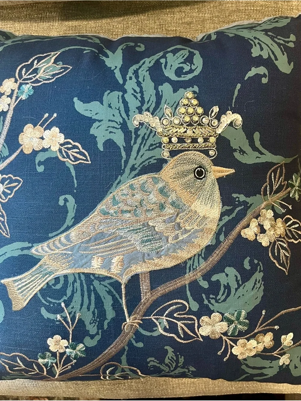 Embroidered Crowned Bird Decorative Pillow - Navy & Teal Accents